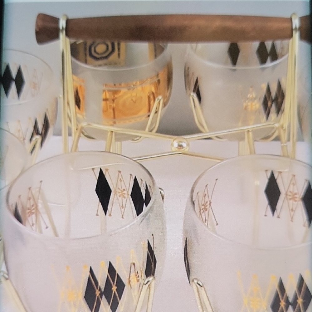 Gold & Black Diamond Pattern Glass Tumbler Set with Carrier MCM